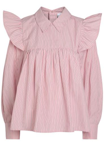 Striped ruffle cotton-poplin blouse by GANNI