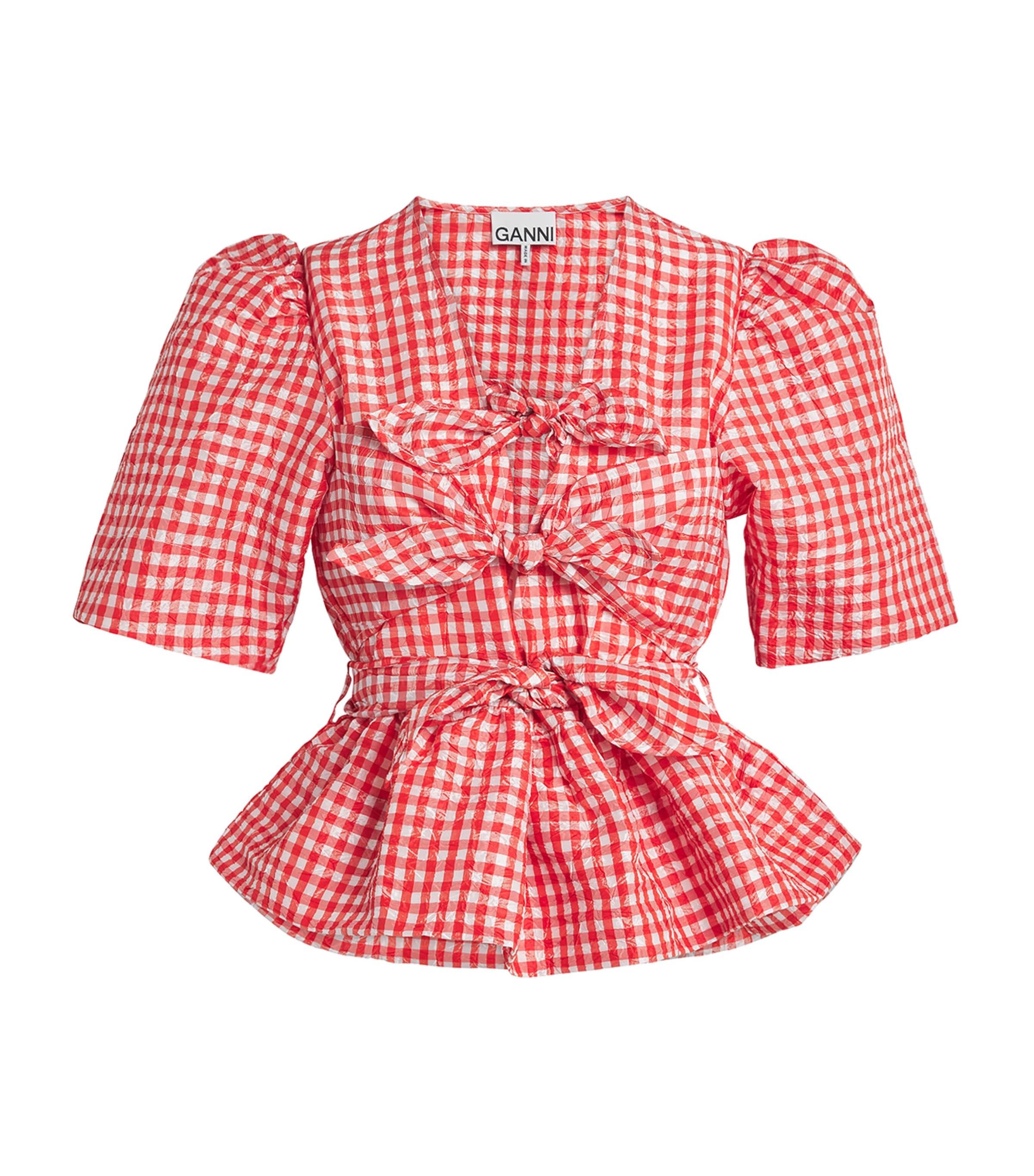 Taffeta Check Bow-Tie Blouse by GANNI