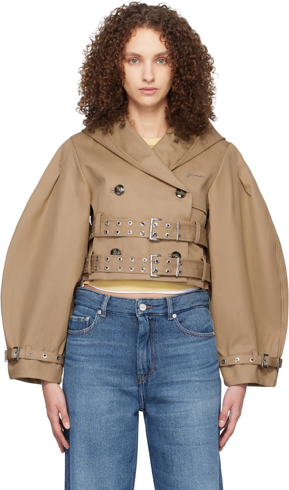 Tan Bonded Cotton Short Trench Jacket by GANNI