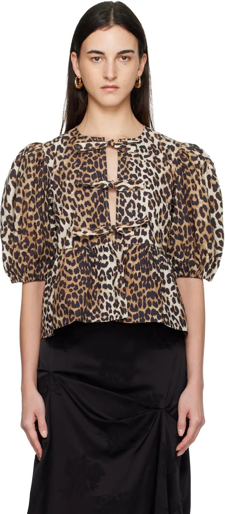 Tan Leopard Cotton Poplin Peplum Tie Blouse by GANNI