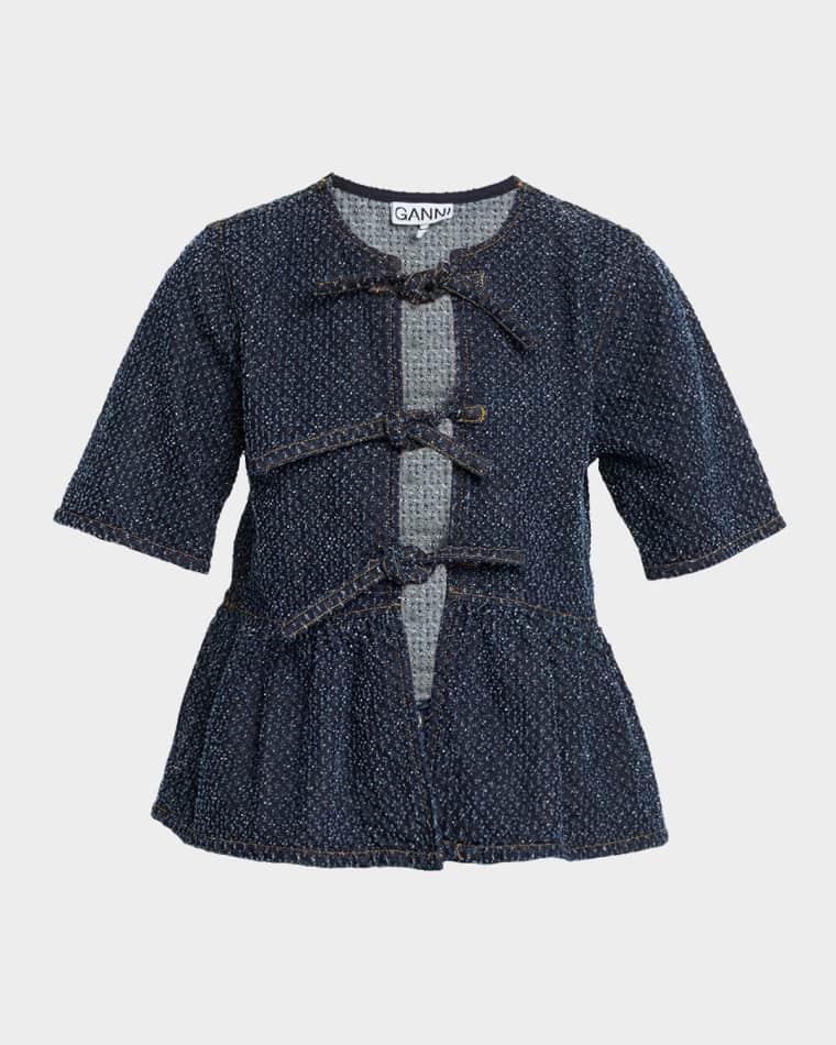 Tie-Front Tweed Denim Peplum Top by GANNI