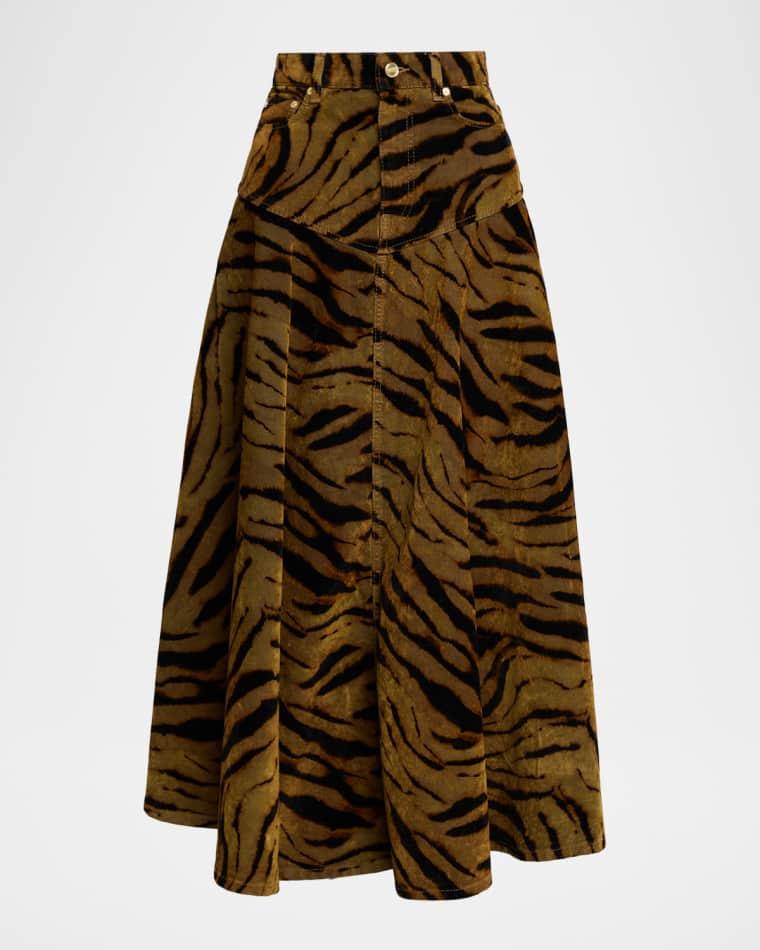 Tiger-Print Denim maxi Skirt by GANNI