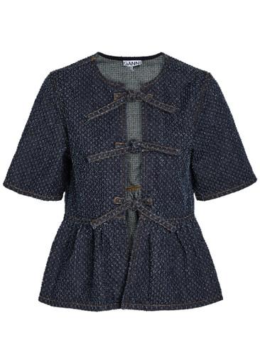 Tweed-effect peplum denim blouse by GANNI