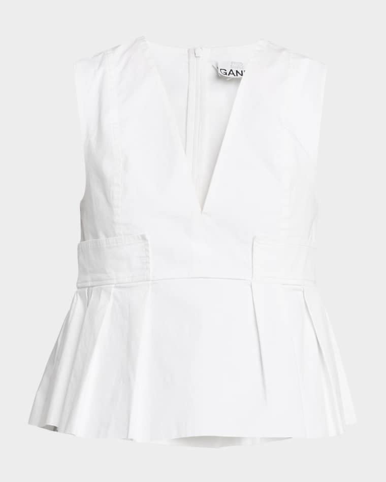 V-Neck Pleated Cotton Peplum Top by GANNI