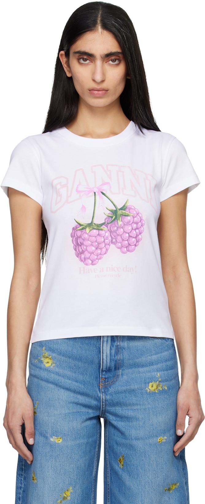 White Baby Fit Raspberries T-shirt by GANNI