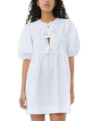 White Cotton Poplin Tie String Mini Dress by GANNI