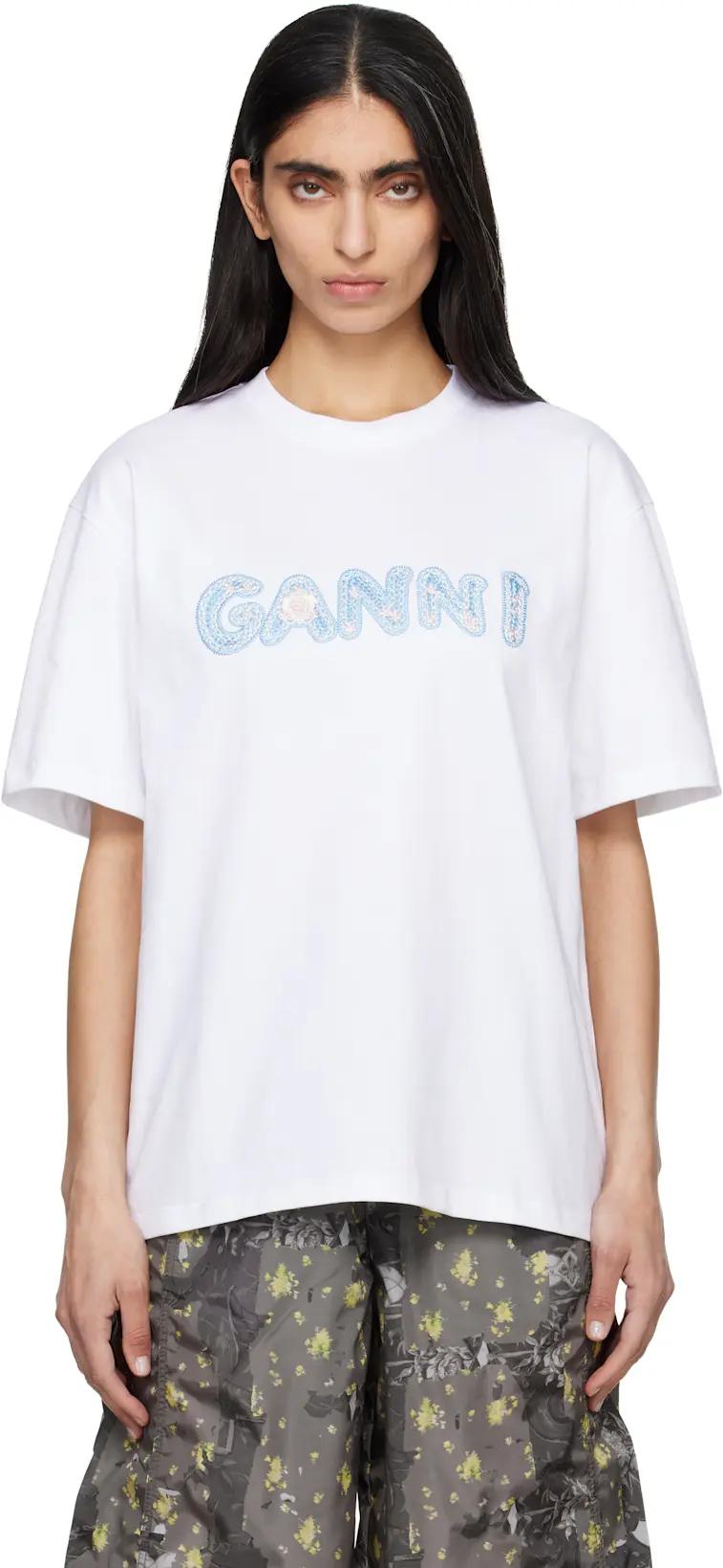 White Heavy Cotton Relaxed Fit 'Ganni' T-shirt by GANNI