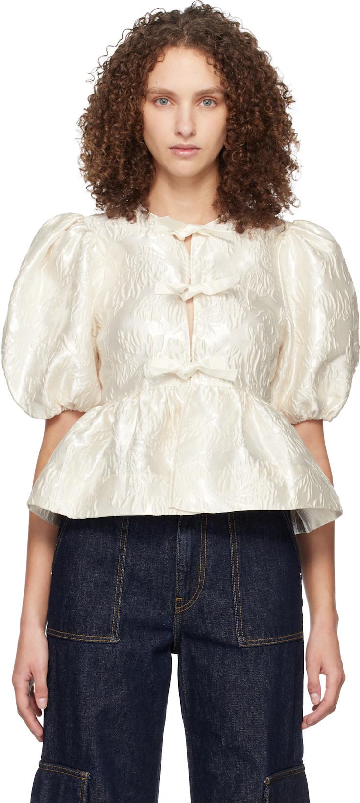 White Satin Peplum Tie Blouse by GANNI