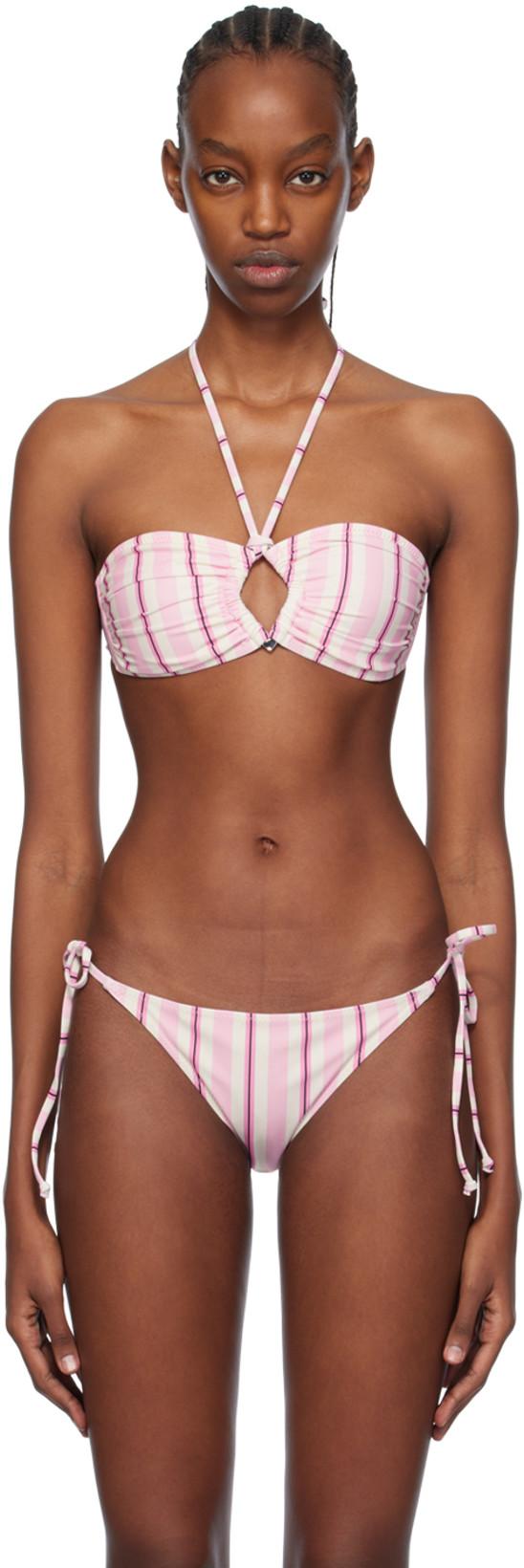White & Pink Striped Bikini Top by GANNI