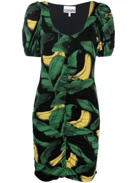 banana-print puff-sleeve dress by GANNI