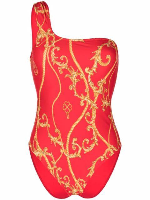 baroque-print one-shoulder swimsuit by GANNI