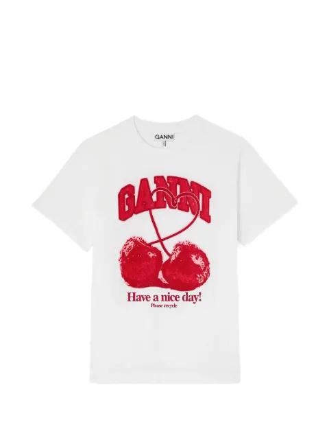 bead-embellished chery-print T-shirt by GANNI