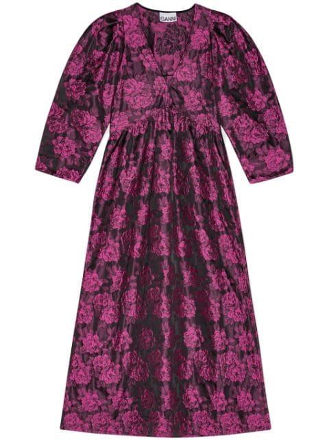 botanical-jacquard puff-sleeves midi dress by GANNI