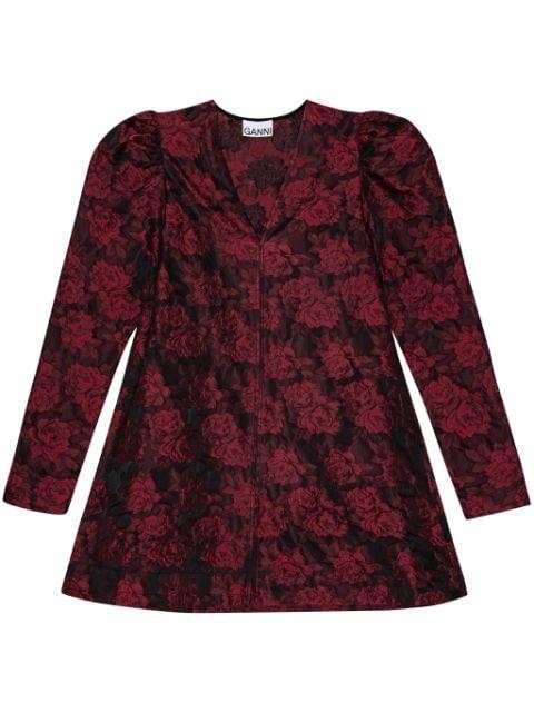 botanical-print jacquard long-sleeve minidress by GANNI
