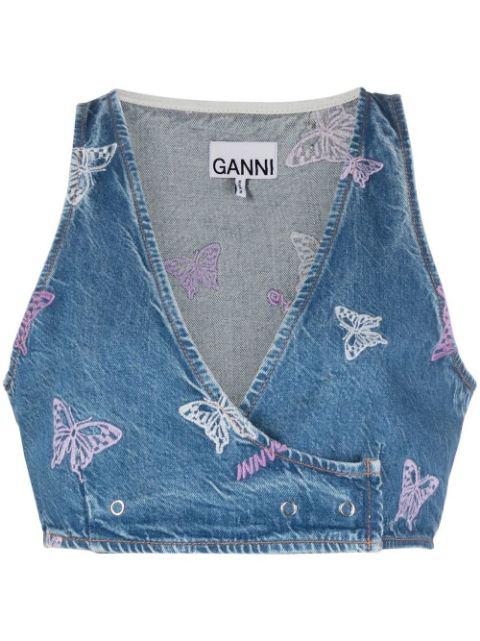 embroidered denim crop top by GANNI