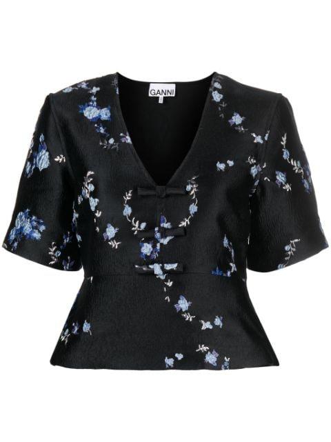 floral-jacquard V-neck blouse by GANNI