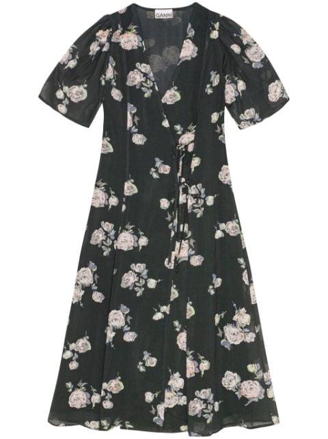 floral-print crepe wrap midi dress by GANNI