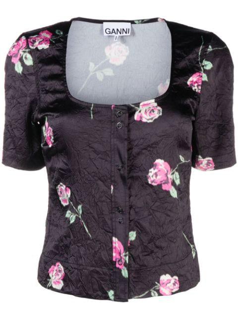floral-print crinkled satin blouse by GANNI