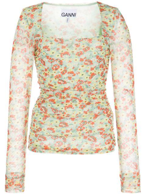 floral-print mesh top by GANNI