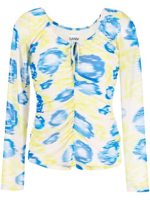 floral-print ruched mesh top by GANNI