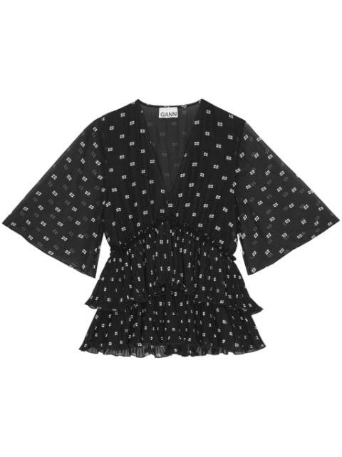 graphic-print V-neck pleated blouse by GANNI