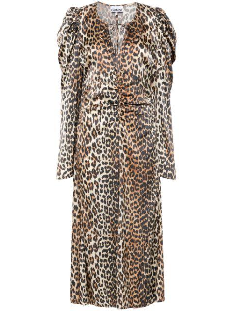 leopard-print ruched midi dress by GANNI