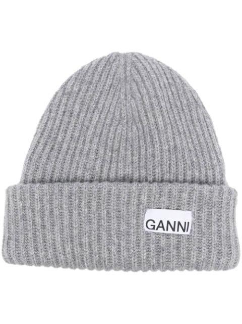 logo-patch rib-knit beanie by GANNI