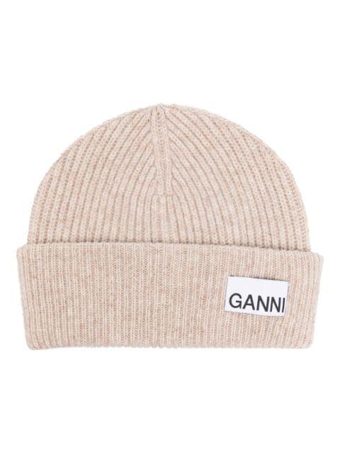 logo-patch ribbed-knit beanie by GANNI