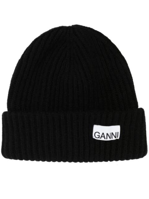 logo-patch ribbed-knit beanie by GANNI