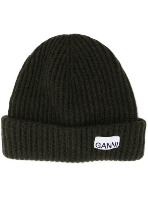 logo-patch ribbed-knit beanie by GANNI