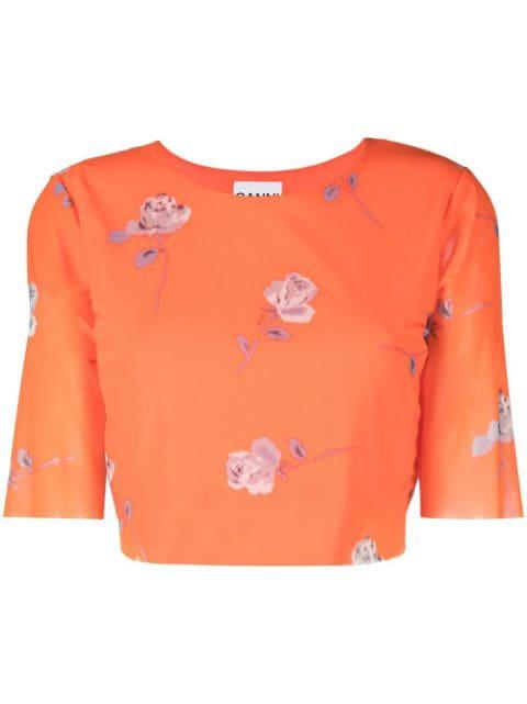 mesh-detail floral-print T-shirt by GANNI