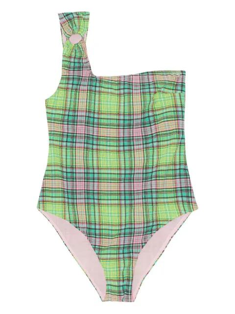 one-shoulder plaid-patterned swimsuit by GANNI