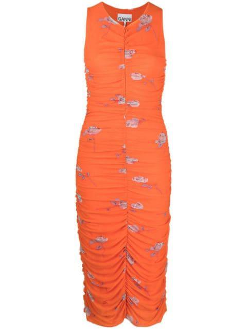 rose-print ruched mesh dress by GANNI