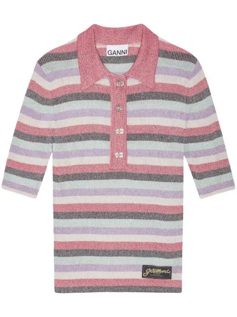 striped lurex-knit polo shirt by GANNI