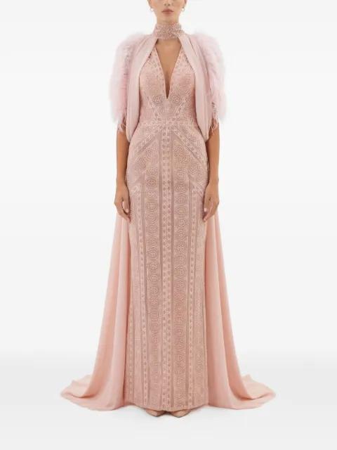 lace feathered-trim gown by GATTINOLLI BY MARWAN