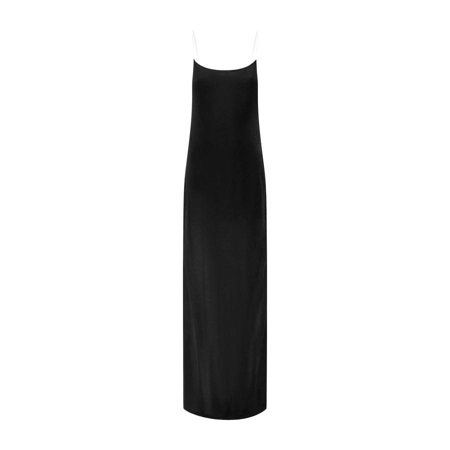 Hira Long Black – Open Back Viscose Knit Crystal Strap Maxi Dress by GAUGE81