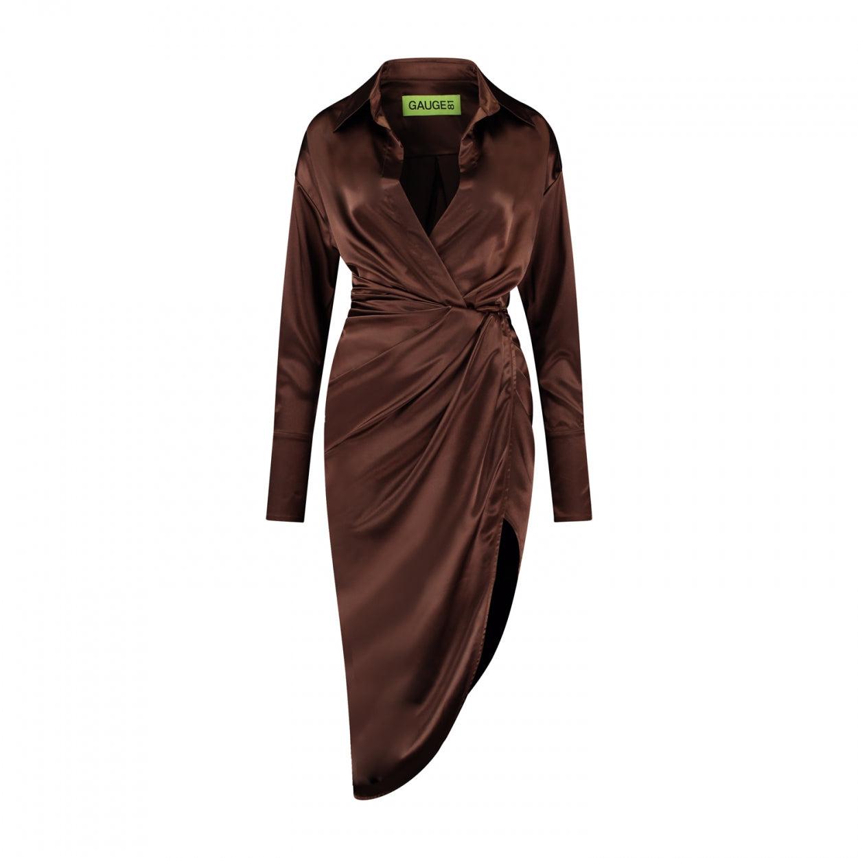 Puno Brown – Long-Sleeve Silk Midi Shirt Dress | GAUGE81 by GAUGE81
