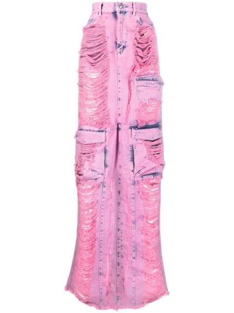 frayed-denim cargo maxi skirt by GCDS