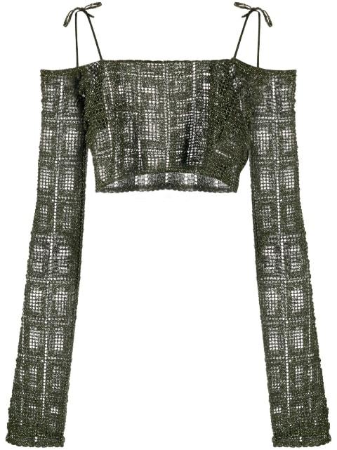 off-shoulder macramé crop top by GCDS