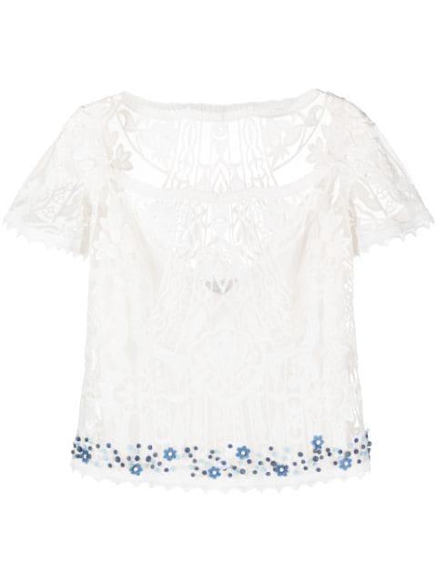 square-neck lace-embroidery blouse by GEMY MAALOUF