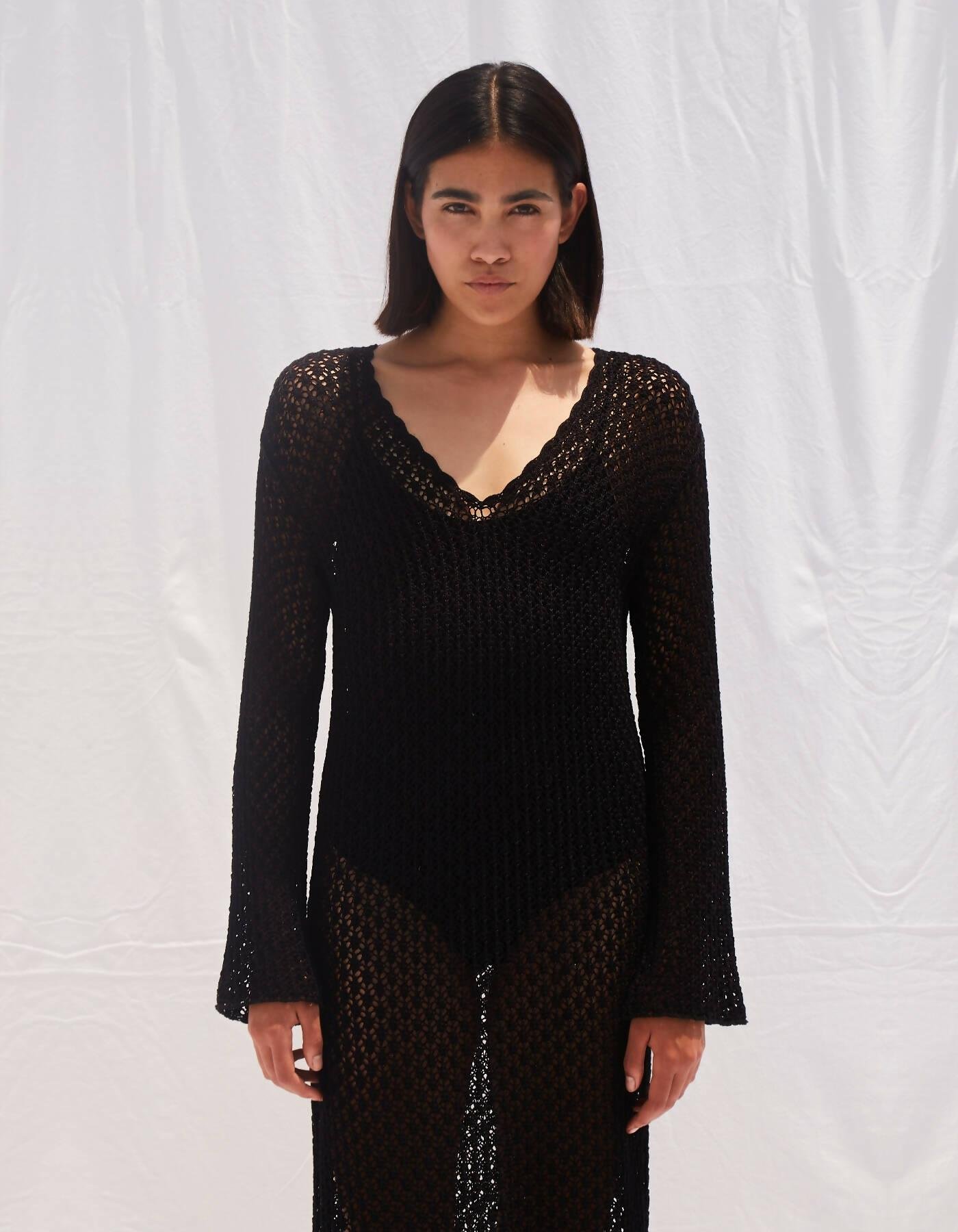 Maria Crochet Cotton Long Dress - Black by GENES