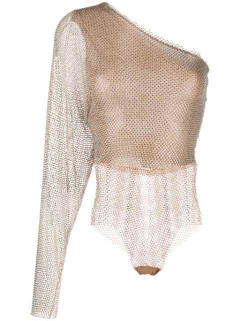 batwing-sleeve rhinestone-mesh bodysuit by GENNY