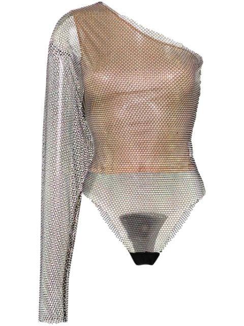 one-shoulder rhinestone-embellished bodysuit by GENNY