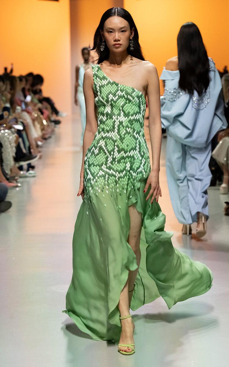 Georges Hobeika - Asymmetric Embellished Georgette Gown - Green - - Only At Moda Operandi by GEORGES HOBEIKA