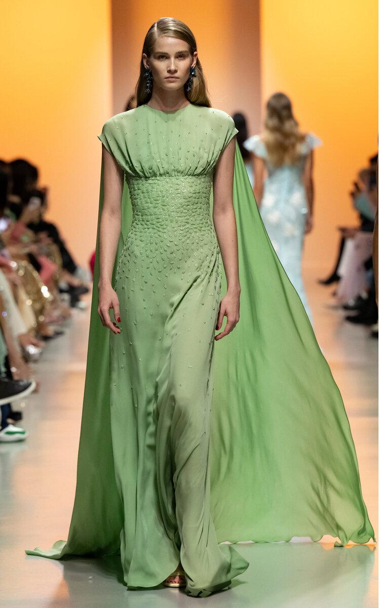 Georges Hobeika - Cape-Detailed Embellished Georgette Gown - Green - - Only At Moda Operandi by GEORGES HOBEIKA