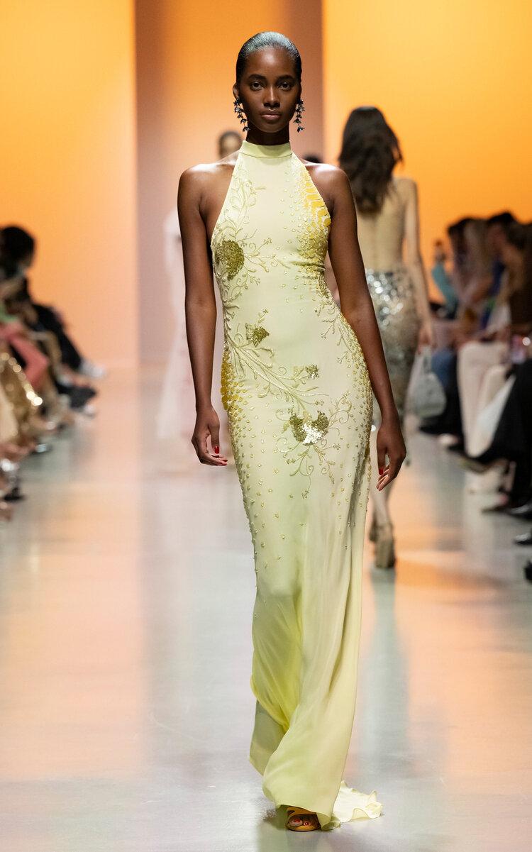 Georges Hobeika - Embellished Georgette Halter Maxi Dress - Yellow - - Only At Moda Operandi by GEORGES HOBEIKA