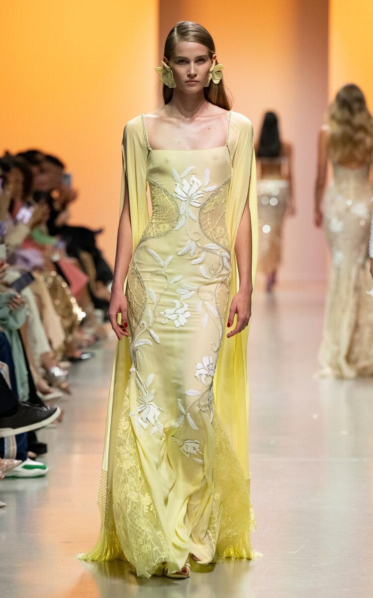 Georges Hobeika - Embroidered Lace-Paneled Georgette Maxi Dress - Yellow - - Only At Moda Operandi by GEORGES HOBEIKA