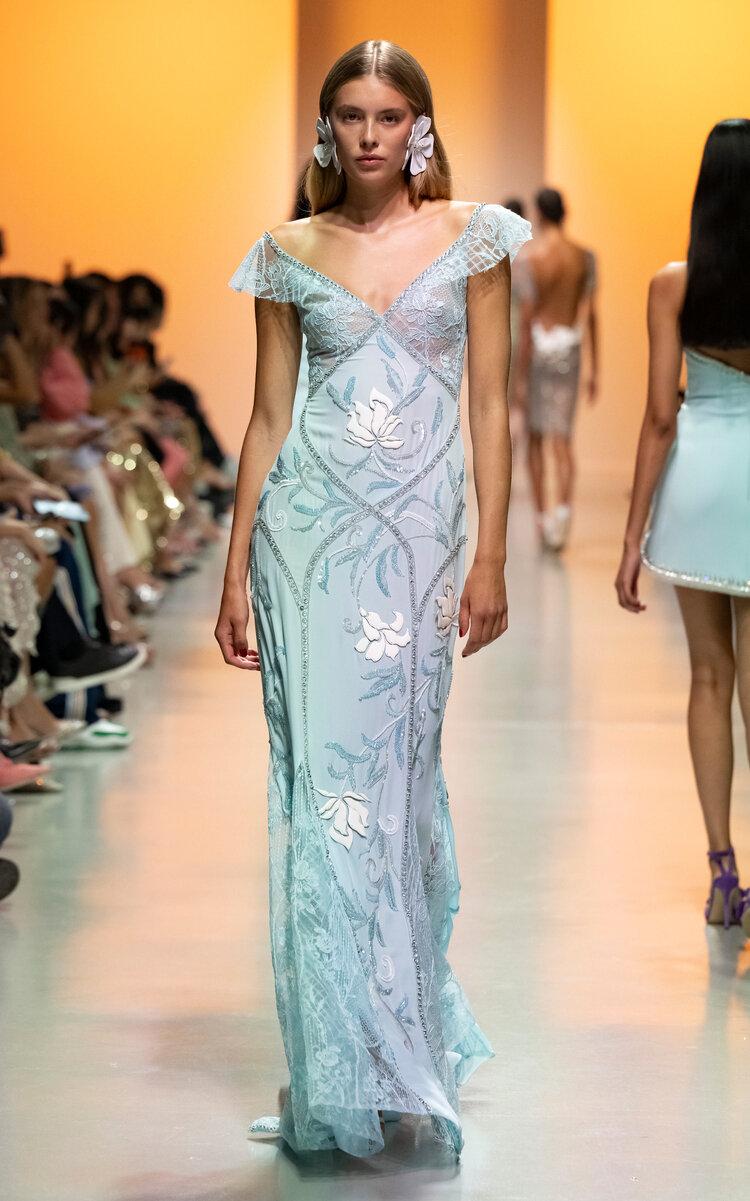 Georges Hobeika - Lace-Paneled Geogette Maxi Dress - Blue - - Only At Moda Operandi by GEORGES HOBEIKA