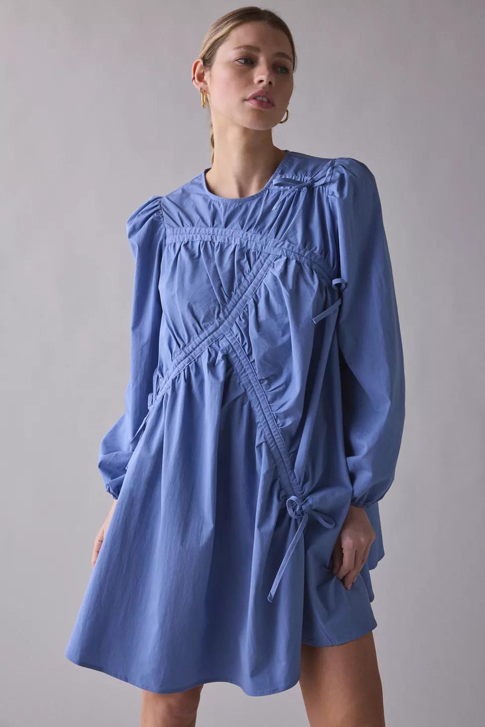 Ghospell Helosia Asymmetric Ruched Tie Long Sleeve Mini Dress by GHOSPELL