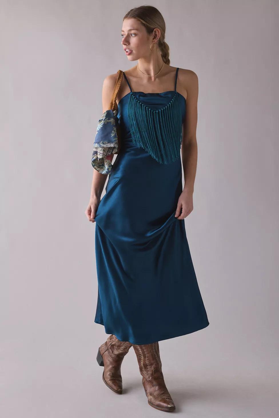 Ghospell Ivy Fringe Trim Slip Midi Dress by GHOSPELL